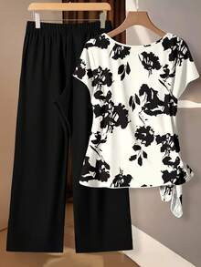 Mellowie 女士系带蝴蝶结衬衫和直筒裤两件套，碎花两件套，简约两件套，休闲两件套 - 彩色 - 查看 2