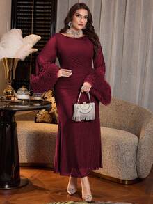 Modelyn Elegant Solid Color Mesh Flared Sleeve Waist Ruched A-Line Plus Size Dress, Suitable For Spring And Autumn - Burgundy - View 4