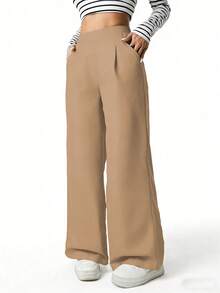 SHEIN Quần dài xếp ly cạp cao dáng rộng màu đen dành cho nữ và thiếu nữ, thích hợp cho mùa xuân, hè, thu và đông. - Màu Khaki - Xem 7