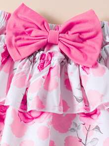 Souflis Souflis 3pcs Baby Girl Sweet Cute Cap Sleeve Romper, Floral Print Bowknot Dress & Headband Set, Summer - Hot Pink - View 8