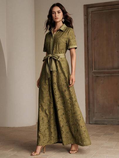 Anewsta Women's Long Sleeve Shirt Dress, Lace Fabric, Elegant Casual Workwear