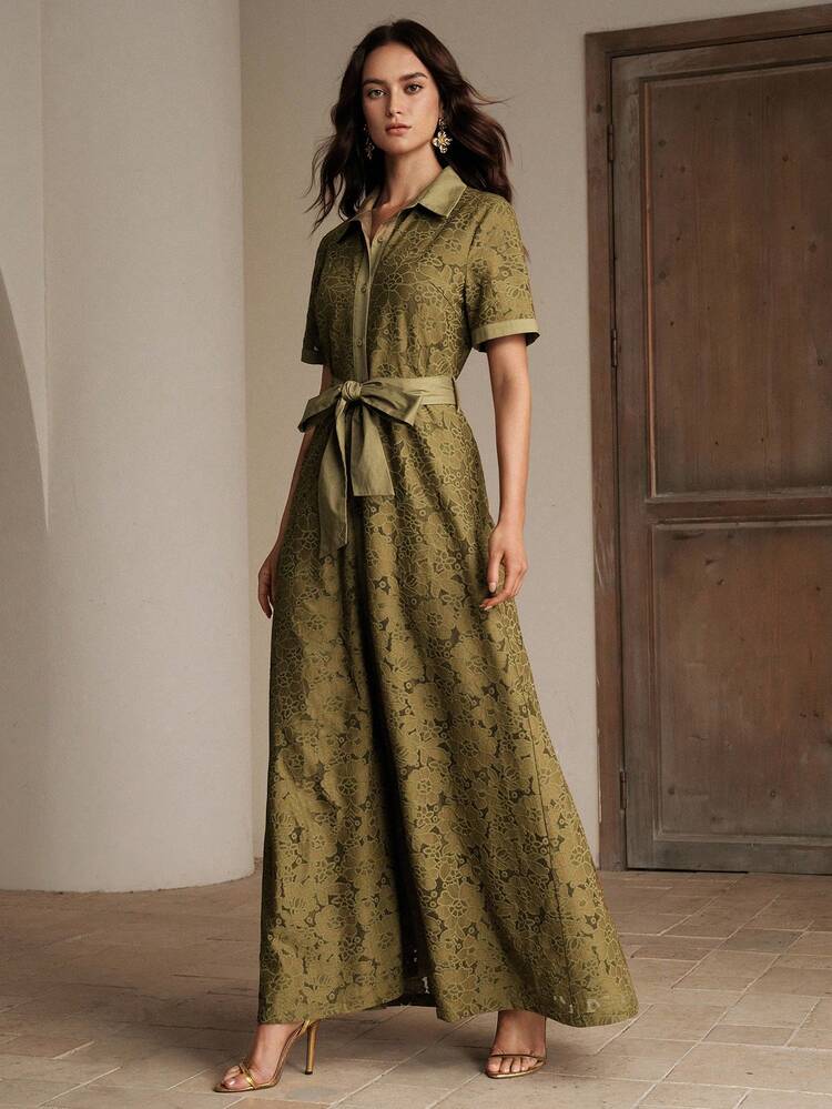 Women's Long Sleeve Shirt Dress, Lace Fabric, Elegant Casual Workwear