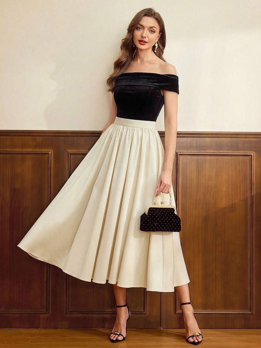 Vintamour 复古优雅女士高腰格子半身裙，带口袋，休闲A字喇叭裙，适合返校节、外出、圣诞节等场合，秋季长裙，棕色裙子，女士感恩节裙，酒红色裙子，秋季连衣裙，长裙，冬季裙子，冬季女士服装，格子裙，秋季女士服装，春夏优雅度假裙，婚礼宾客裙，毕业典礼裙，节日服装 - 米色 - 查看 1