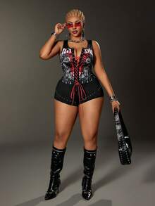 Maweii 女士性感印花镂空撞色系带吊带背心，适合日常、度假和派对穿着，大码尺码 - 黑色 - 查看 2