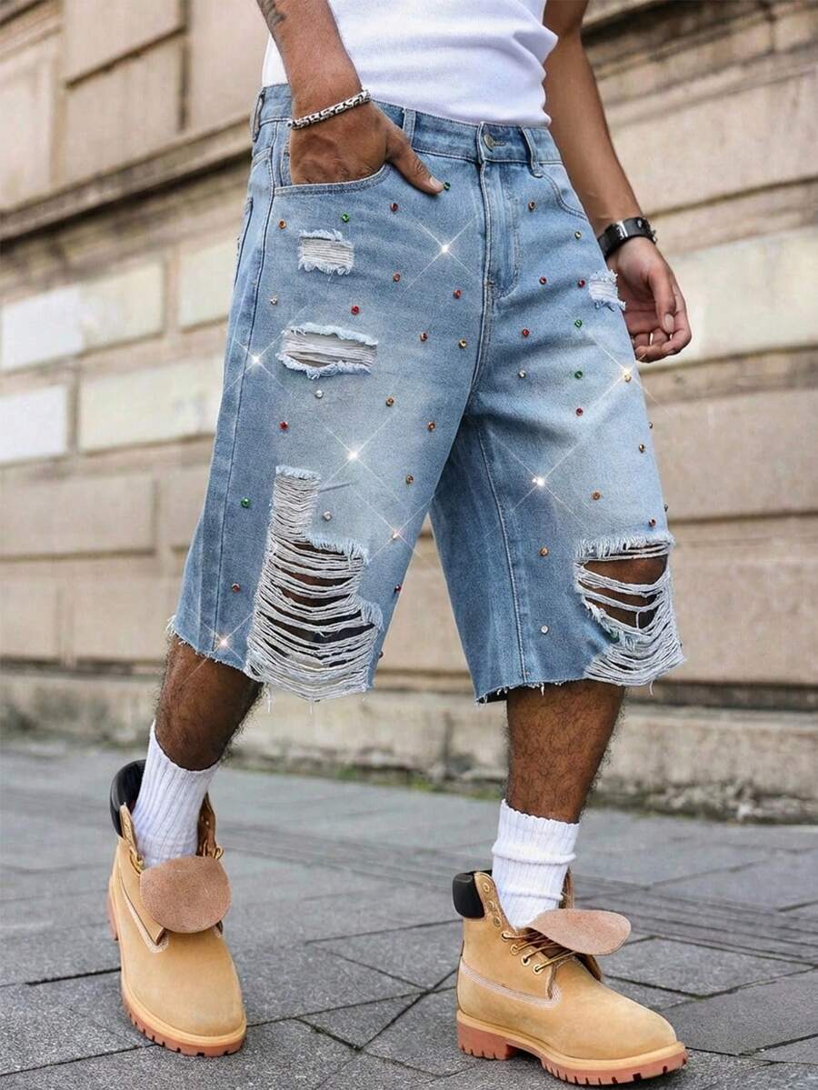 ROMWE MEN Pantalones cortos de mezclilla casuales y sueltos con tachuelas para hombre - Azul - Ver 1