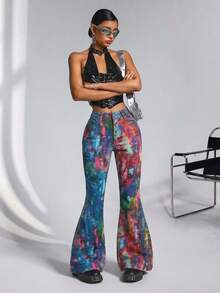 Jeanoix Quần jeans ống loe nữ họa tiết graffiti có túi, kiểu dáng thường ngày. - Nhiều màu - Xem 5