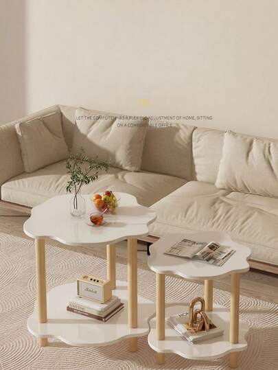 【少女温馨家居装饰】Ins-Style 花瓣双层咖啡桌套装，中性色调高低错落边桌，双层储物空间 - 北欧设计，适合小客厅和阳台，非常适合日常咖啡/阅读，方便举办下午茶聚会，可搭配多种家居装饰风格，必备家居用品