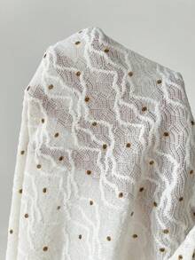 Women's Casual Commuter Shirt, Waist Cinched, Textured Knit Fabric, Polka Dot Wide Leg Jeans Eyelet Blouse Button Up Blouse Eyelet Top Button Up Top - Apricot - View 3