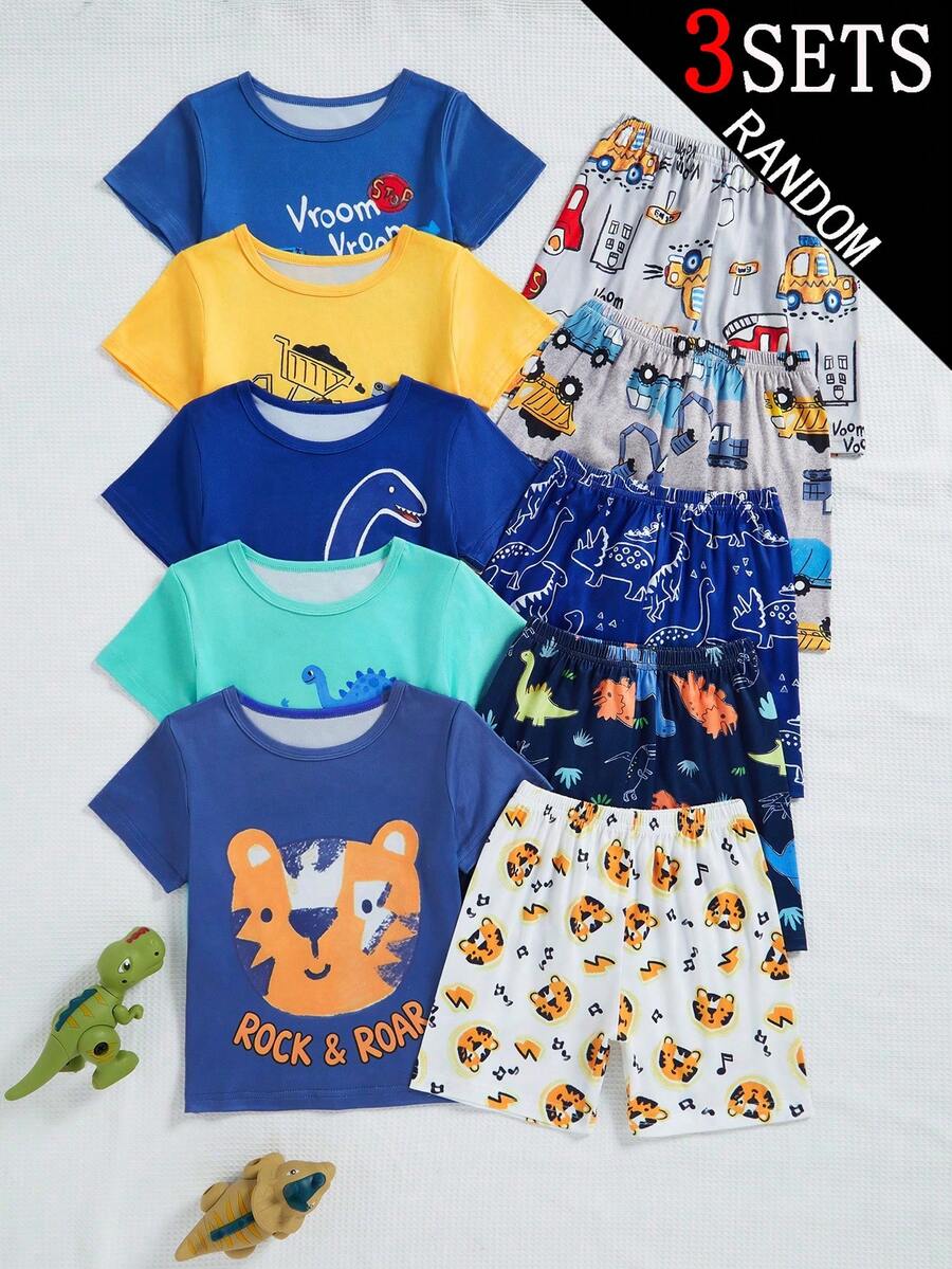 6 件装男童睡衣,多色可选,5 套花卉图案,3 套盲盒随机款式,内含卡通蜡笔、趣味腕龙、三角龙玩耍图案、各种恐龙在丛林中赛跑图案、汽车和卡车在城市中行驶图案、浅蓝色短袖上衣印有起重机和推土机图案,舒适宽松圆领短裤套装,适合休闲穿着,可爱夏日装扮 - 彩色 - 查看 1