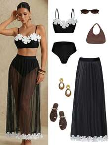 Swim Oasis 女士泳装套装，吊带露背3D立体花卉泳衣，高腰三角泳裤，网纱花卉长裙，时尚性感，休闲度假沙滩装，热门热销女士度假套装，沙滩派对套装，女士夏季套装 - 黑與白 - 查看 1