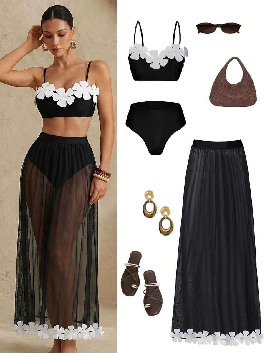 Swim Oasis 女士泳装套装，吊带露背3D立体花卉泳衣，高腰三角泳裤，网纱花卉长裙，时尚性感，休闲度假沙滩装，热门热销女士度假套装，沙滩派对套装，女士夏季套装 - 黑與白 - 查看 1