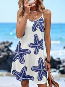SHEIN LUNE 女士吊带针织迷你连衣裙，海星印花，适合夏季海滩度假 - 彩色 - 查看 4