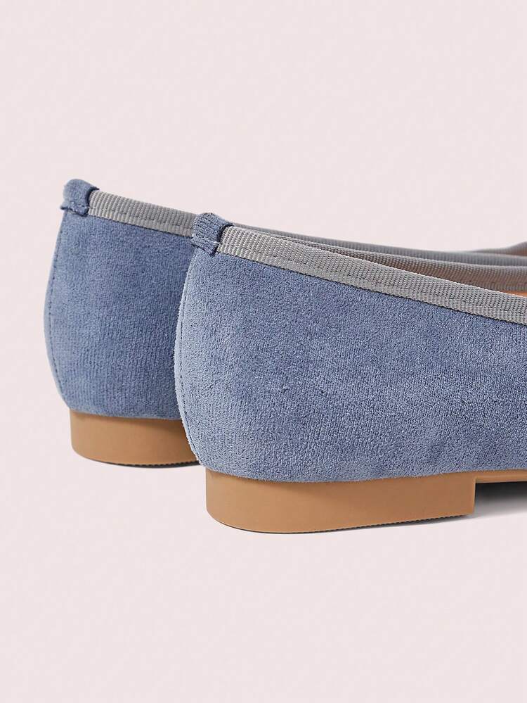 CUCCOO DOLLMOD Ladies Blue Suede Square Toe Bow Low Vamp Flat Sole Shoes, Daily Versatile Cute Women's Shoes