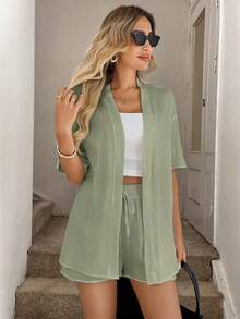 Easowa Bộ áo kimono và quần short dáng rộng, màu trơn, chất liệu vải có họa tiết, thích hợp cho nữ đi nghỉ mát và đi làm. Bộ đồ mặc nhà mùa hè cho nữ, bộ quần short 2 mảnh, bộ đồ thoải mái cho nữ đi nghỉ mát, bộ hai mảnh thoải mái cho nữ. - màu xanh lá - Xem 4