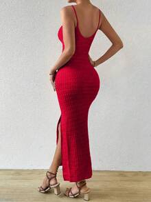 Breezaya 女士纯色开衩设计优雅收腰派对针织吊带裙 - 紅色 - 查看 2