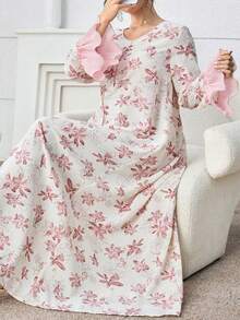 Al Najma 大码女式印花喇叭袖优雅阿拉伯风格连衣裙 - 粉色 - 查看 3