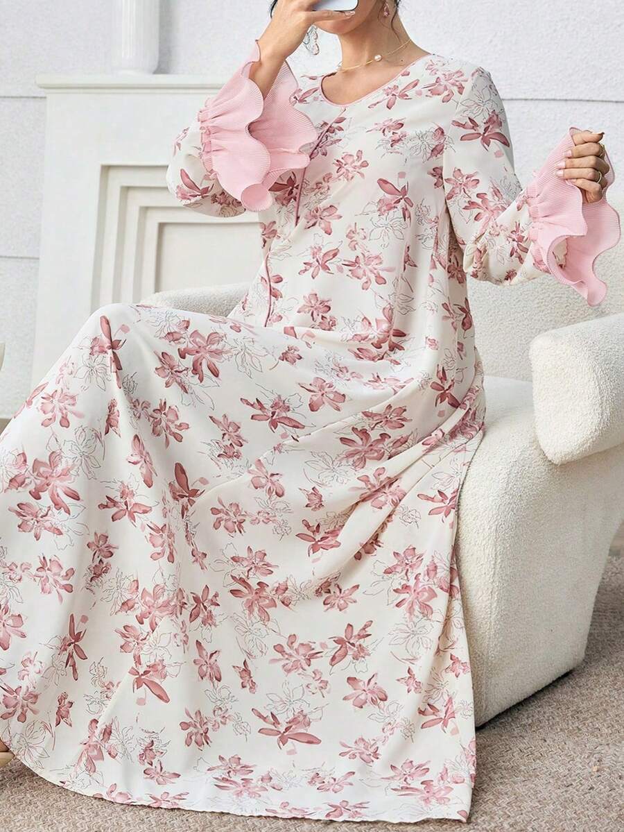 Yasmyna 大码女式印花喇叭袖优雅阿拉伯风格连衣裙 - 粉色 - 查看 1