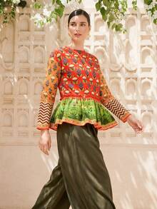 LOTSLUV 女士优雅橙绿花卉图案圆领长袖宽松衬衫，腰部荷叶边装饰，春夏款，女士衬衫，精美女士衬衫，新款女士衬衫，优雅女士衬衫，时尚女士衬衫，女士长袖衬衫 - 亮橙色 - 查看 4