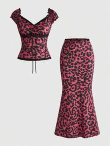 ROMWE Kawaii Trang phục mùa hè cho nữ: Bộ 2 mảnh dáng ôm cổ chữ V thắt nơ, phối ren chấm bi tương phản, áo + chân váy. - Màu Đỏ Sâu - Xem 1