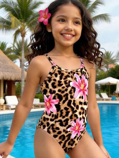 SHEIN Leopard Print, Hibiscus, Hibiscus, Beach Vacation, #Coconutgirl, Young Girls Casual Minimalist One-Piece Swimsuit Suitable For Summer Princess Chic, Little Stars, Young Girl Swimwear, Vacay Romance Hibiscus Flower Swimsuit For Girls Girls Cheetah Print Swimsuit Bathing Suit For Tweens Leopard Leopard Floral Swimsuit Girls Tweens Leopard Swimsuit