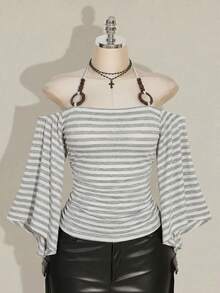 SHEIN ICON 大码女式 Y2K 复古条纹露肩喇叭袖吊带时尚 T 恤，前卫街头风，休闲喇叭袖露肩条纹针织上衣 - 彩色 - 查看 4