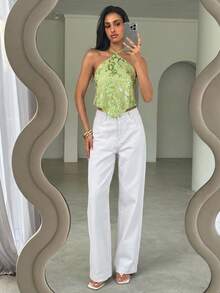 Aloruh Women's Vacation Beach Sequin Embroidery Backless Halter Top - Green - View 6