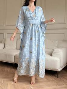 DAZY Vestido de verano elegante con cuello en V holgado y textura bordada con flores para mujeres - Azul - Ver 4