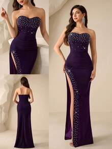 Coutiva 女士水钻装饰开衩正式晚礼服 - 紫色 - 查看 1