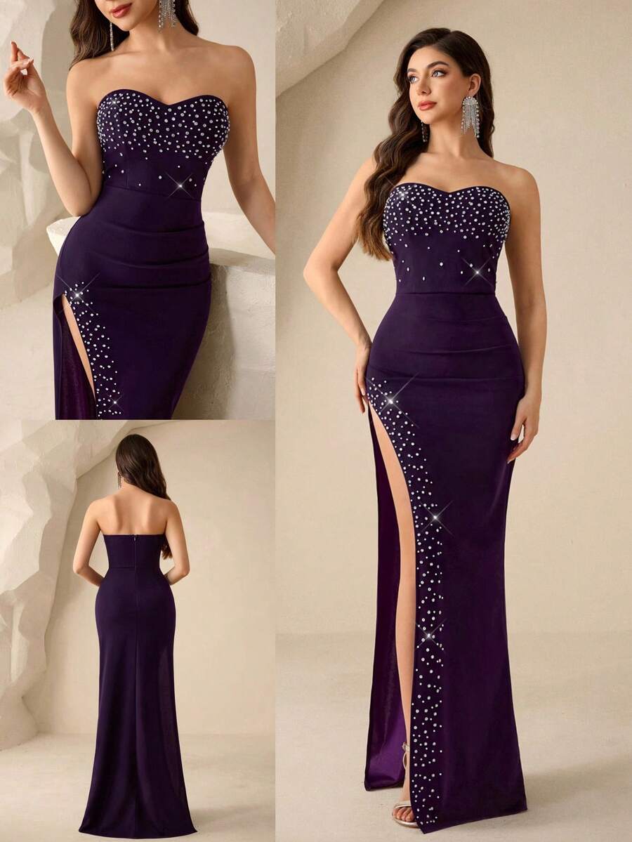 Coutiva 女士水钻装饰开衩正式晚礼服 - 紫色 - 查看 1