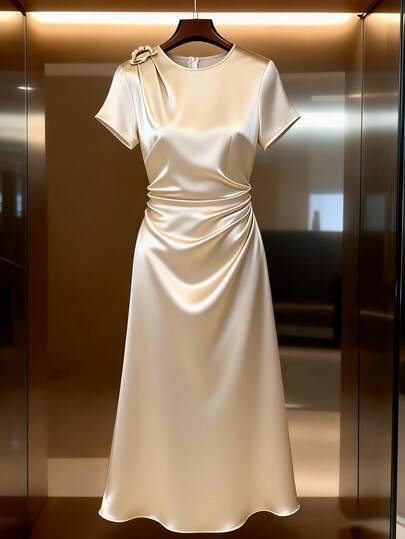 GlowEve Vestido de línea A con cuello redondo, decoración metálica en los hombros, fruncido en la cintura, de tela de satén de unicolor elegante para primavera/verano de mujer