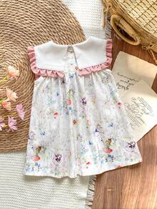 SHEIN Vintaside Kids 女宝宝夏季新款多色编织宽松简约可爱娃娃裙，正面饰有花草刺绣蕾丝边，后背设有小口袋，搭配开襟领，甜美可爱，休闲时尚，充满乡村森林气息，宛如一位小仙女公主。适合生日派对、户外野餐、拍照、学校学习等各种场合。 - 粉色 - 查看 2