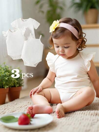 SHEIN 3pcs/Set Baby Girls' Casual Solid Color Sleeveless, Cap Sleeve, Cap Sleeve Romper Outfit, Summer