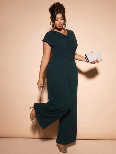 Cravure Mono de mujer talla grande de unicolor con manga corta, hombro asimétrico y drapeado, para club/casual de negocios/invitada elegante a una boda