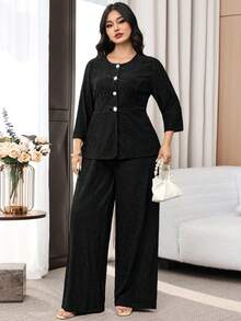 Modelyn Setelan 2 Potong Elegan untuk Wanita Ukuran Plus: Atasan Lengan 3/4 Kancing Tunggal dan Celana Panjang Lebar, Warna Cokelat untuk Olahraga dan Musim Gugur. - Hitam - View 6