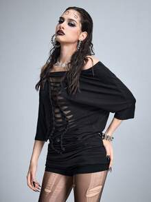 ROMWE Goth Y2K Vintage Off-Shoulder Perforated Distressed Hollow Mesh Splice Mid-Sleeve T-Shirt - Black - View 3