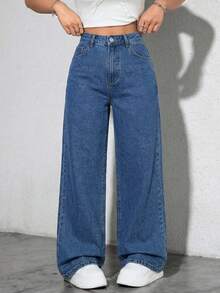 Rivivi Plus Size Casual Versatile Solid Color Slant Pocket Wide Leg Jeans - Medium Wash - View 1