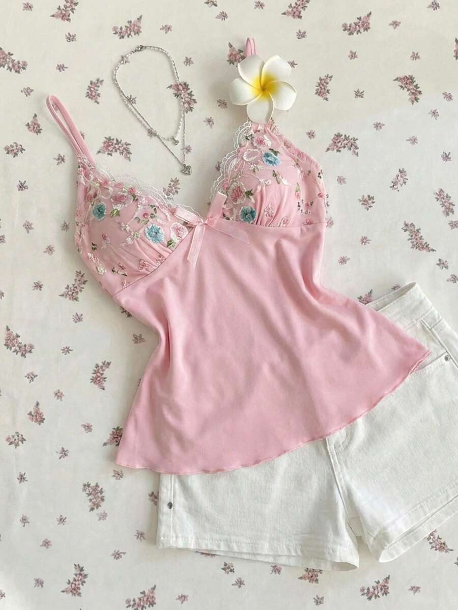 Elamini 夏季休闲度假女士吊带粉色刺绣蕾丝边抹胸上衣，可爱针织弹力腰A字吊带背心，适合婚礼季、海滩度假 - 粉色 - 查看 1