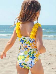 SHEIN 少女/少女针织条纹蝴蝶结设计3D花朵连体泳衣 粉色蝴蝶结泳衣 条纹连体泳衣 粉色连体泳衣 女童泳装 - 黃色 - 查看 7