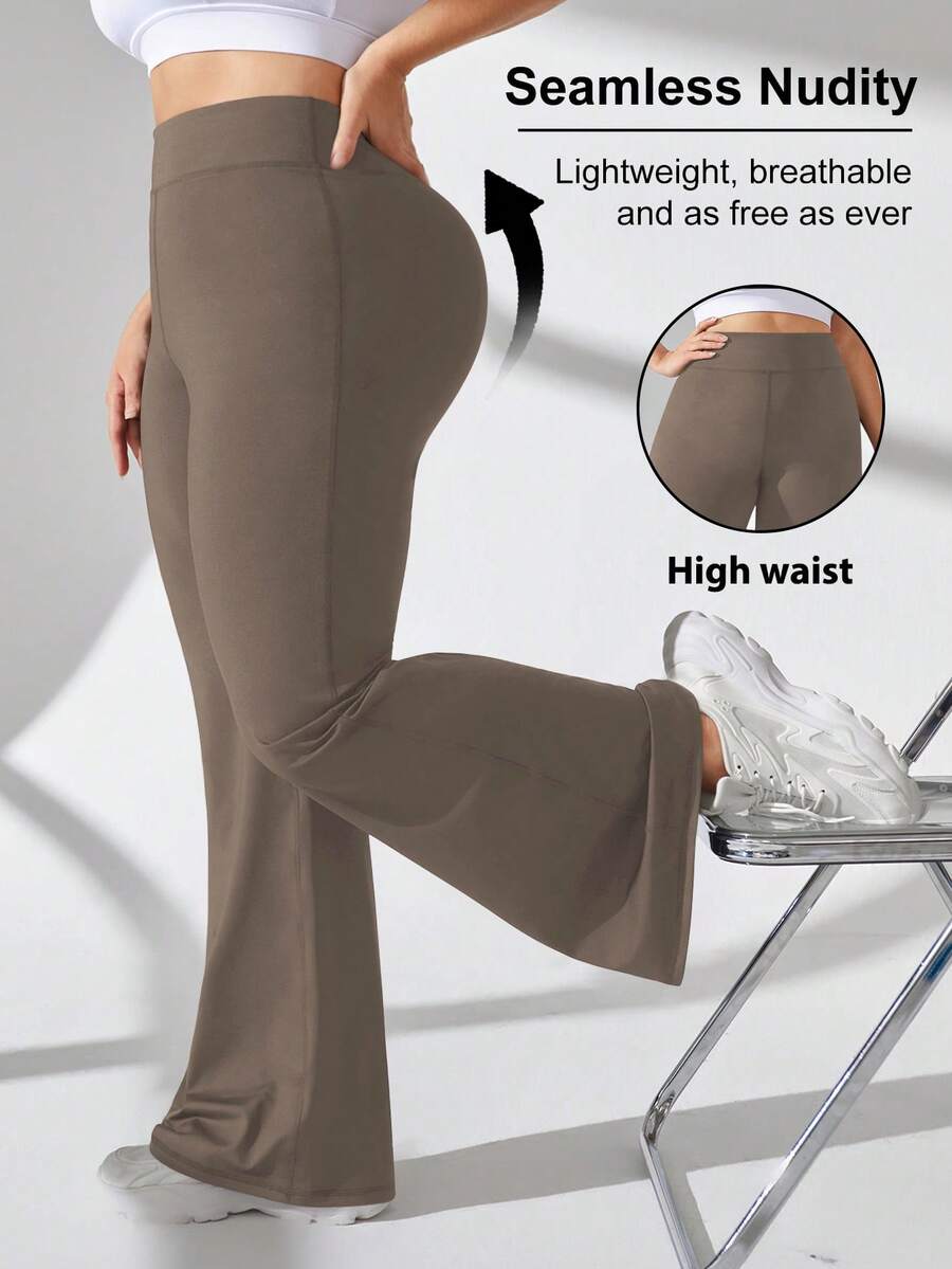 SHEIN Rhythm Era 大码女式高腰喇叭裤纯色运动裤 - 咖啡棕 - 查看 1