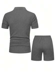 Manfinity RSRT 男士纯色短袖拉链 Polo 衫和短裤两件套休闲套装 - 灰色 - 查看 2