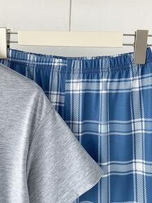 SHEIN 2 Stücke/Set modisches lässiges Outfit für Tween-Jungen, bestehend aus grauem Kurzarm-Top und retro-blau karierter, locker geschnittener Gerade-Hose, Lässig Kleidung - Blau - Übersicht 5