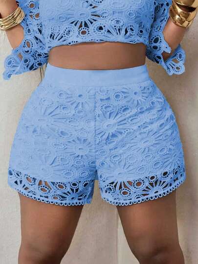 Maweii Plus Size Elegant Solid Color Lace Shorts, Summer