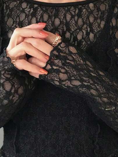 FRIFUL Women's Slim Fit Lace Blouse, Round Neck Long Sleeve, Sheer Textured Fabric, Casual Versatile For Holiday, Beach