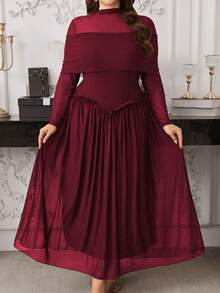 Modelyn Đầm dài tay xếp ly dáng chữ A màu trơn thanh lịch, chất liệu lưới, phù hợp cho mùa xuân và mùa thu. - Màu Đỏ Sâu - Xem 1