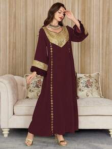 Al Najma Đầm nữ thanh lịch, sang trọng, cổ điển, đính sequin, thêu, họa tiết hoa, phối màu trơn, có tua rua. - Màu Đỏ Sâu - Xem 4