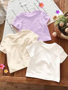 SHEIN LMoss Kids 3件套休闲度假热带芙蓉、鸡蛋花、海星和贝壳印花圆领短袖基础款T恤，适合春夏穿着，白色、米色、浅紫色 - 彩色 - 查看 2