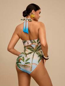 Travachic 大码休闲夏季热带沙滩彩色花卉复古印花V领性感连体泳衣 - 彩色 - 查看 2