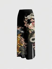 ROMWE Avant 1 chiếc váy kiểu Trung Quốc mới, xẻ cao, họa tiết hổ rồng, thích hợp cho lễ hội âm nhạc Punk tối màu, mùa hè nghỉ mát, dành cho nữ. - màu đen - Xem 5