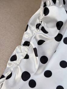 Franclia 2026 New Summer White Satin Polka Dot Short Sleeve Shirt, V-Neck Elegant Unique Design Cropped Top - White - View 4