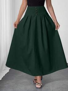 Modelyn Elegant Commuter Solid Color Pleated Hem A-Line Skirt, Summer - Dark Green - View 6